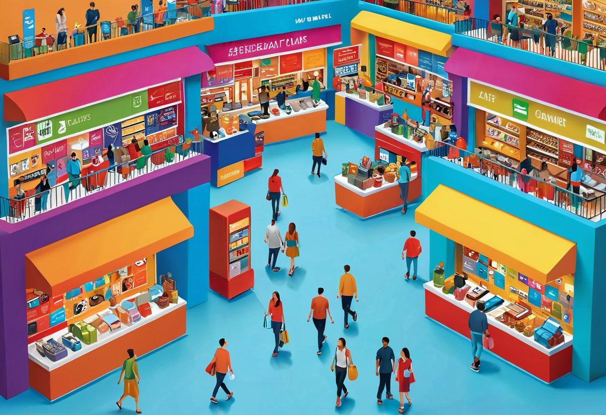 A bustling digital marketplace scene bustling with diverse shoppers eagerly navigating through an array of colorful online shops on their devices. Include iconic elements like shopping carts and digital sale tags, with energetic expressions of satisfaction. Incorporate a variety of products like gadgets, fashion, and groceries symbolizing the vast options available. Set the mood with a vibrant color palette, blending modern technology with a friendly, welcoming atmosphere. vector art. vibrant colors.