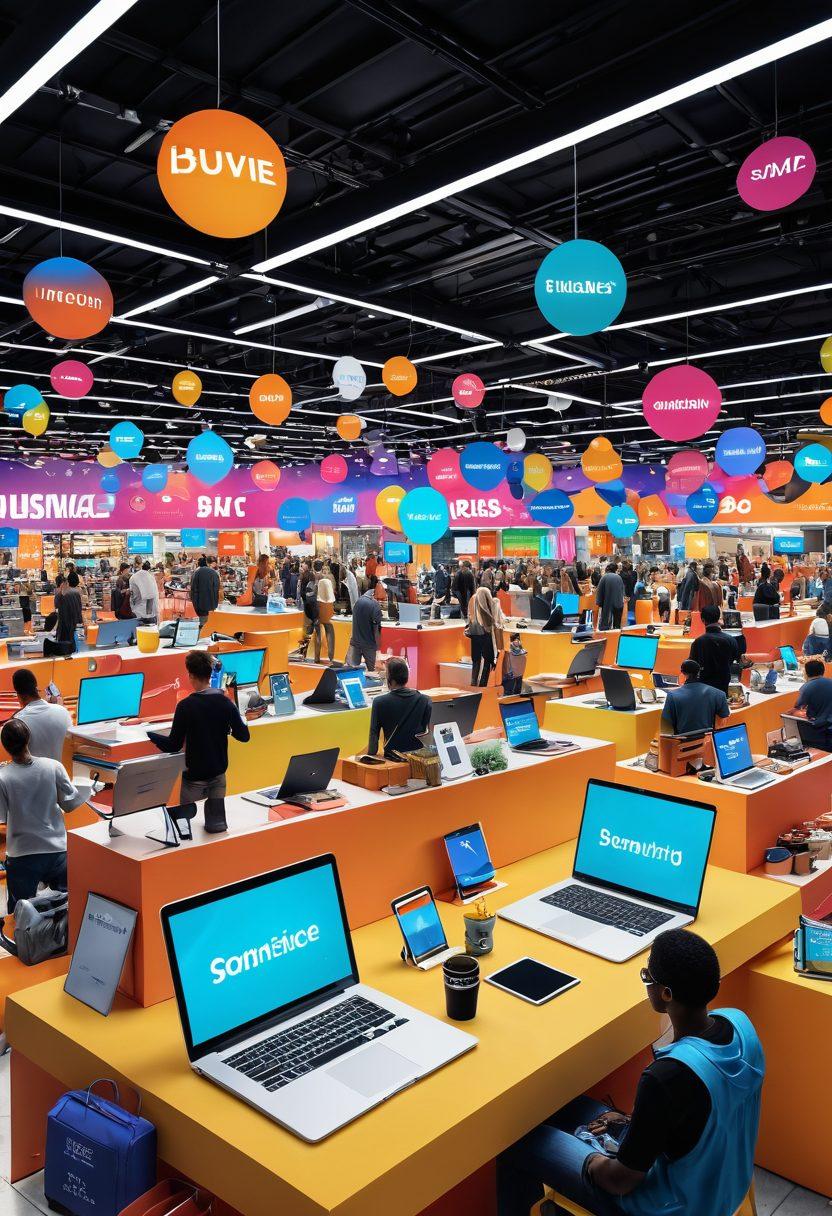 A vibrant and dynamic digital marketplace scene with diverse shoppers exploring various online stores on laptops and smartphones, showcasing colorful product displays, shopping carts overflowing with goods, and text bubbles with consumer insights. Include futuristic elements like augmented reality tags above products and a visually appealing layout that conveys both excitement and clarity. vibrant colors. super-realistic.