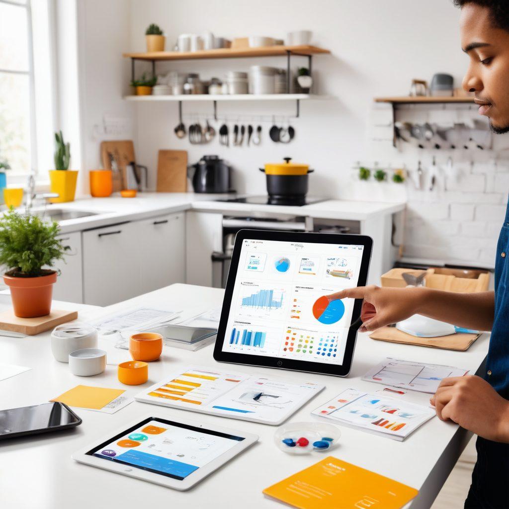 An arranged layout of diverse consumer products like electronics, kitchen gadgets, and clothing on a bright table. In the background, a person thoughtfully examining product reviews on a tablet, surrounded by charts and comparison notes. Incorporate speech bubbles with brief consumer feedback. Capture a modern, informative vibe. super-realistic. vibrant colors. white background.